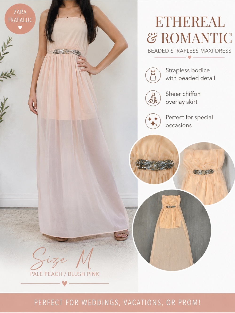 Zara Trafaluc Beaded Strapless Sheer Maxi Dress M